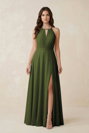 Halter A - Line Chiffon Bridesmaid Dress With Slit in Olive - KISS BRIDAL Bridesmaid Dresses