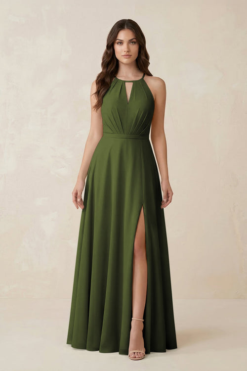 Halter A - Line Chiffon Bridesmaid Dress With Slit in Olive - KISS BRIDAL Bridesmaid Dresses