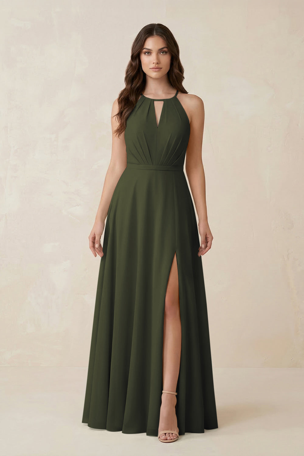 Halter A-Line Chiffon Bridesmaid Dress With Slit in Olive