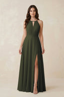 Halter A-Line Chiffon Bridesmaid Dress With Slit in Olive | KISSBRIDAL