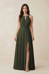 Halter A-Line Chiffon Bridesmaid Dress With Slit in Olive | KISSBRIDAL