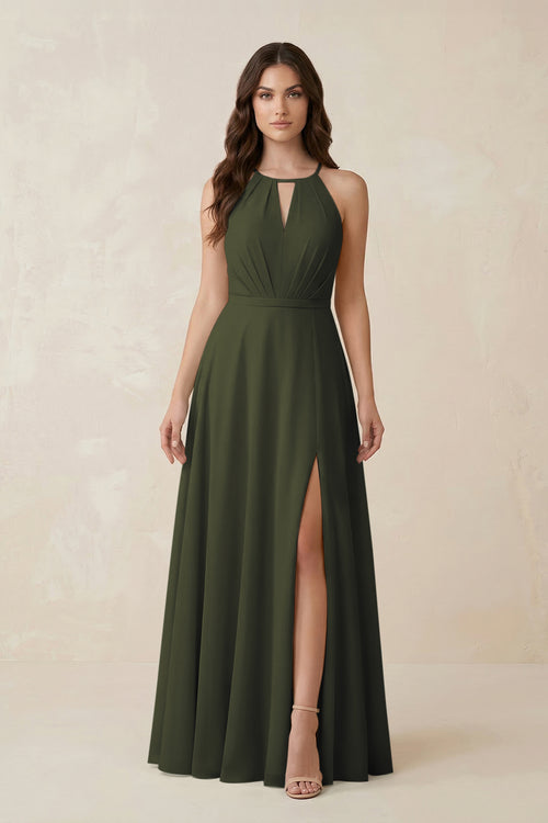 Halter A-Line Chiffon Bridesmaid Dress With Slit in Olive | KISSBRIDAL