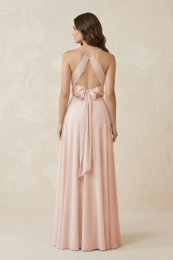 Halter A - Line Chiffon Bridesmaid Dress With Slit in Pale Blush - KISS BRIDAL Bridesmaid Dresses