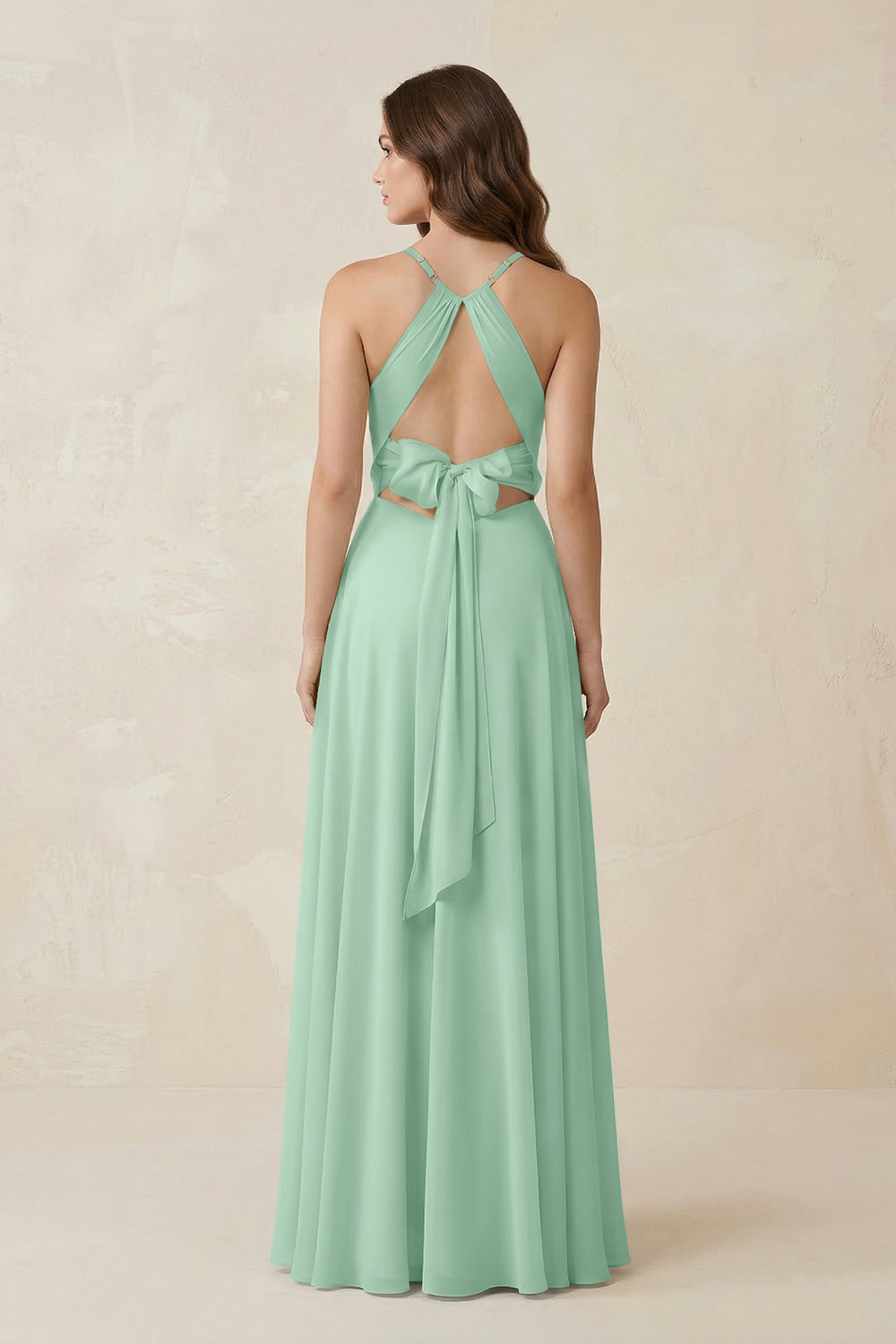 Halter A-Line Chiffon Bridesmaid Dress With Slit in Pale Pistachio
