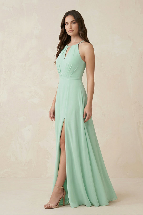 Halter A - Line Chiffon Bridesmaid Dress With Slit in Pale Pistachio - SHE IS ME Bridesmaid Dresses