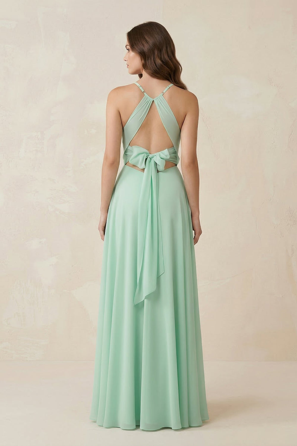 Halter A - Line Chiffon Bridesmaid Dress With Slit in Pale Pistachio - KISS BRIDAL Bridesmaid Dresses