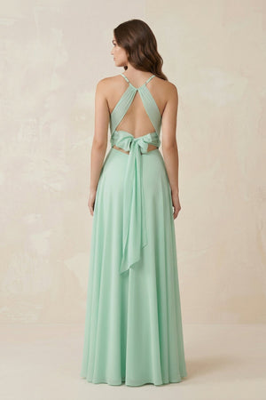 Halter A - Line Chiffon Bridesmaid Dress With Slit in Pale Pistachio - SHE IS ME Bridesmaid Dresses