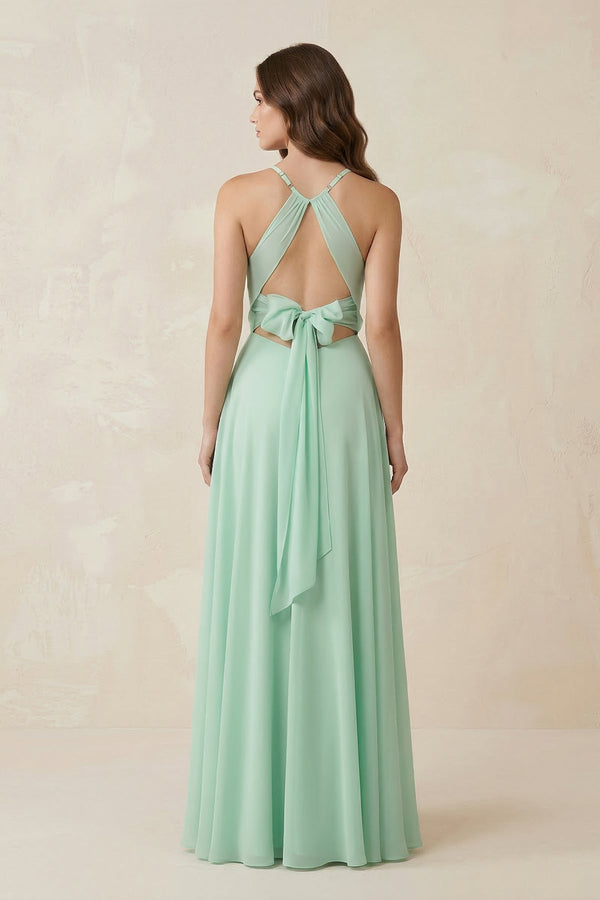 Halter A - Line Chiffon Bridesmaid Dress With Slit in Pale Pistachio - SHE IS ME Bridesmaid Dresses