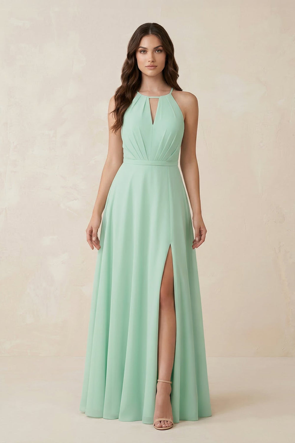 Halter A - Line Chiffon Bridesmaid Dress With Slit in Pale Pistachio - KISS BRIDAL Bridesmaid Dresses
