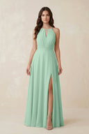 Halter A-Line Chiffon Bridesmaid Dress With Slit in Pale Pistachio | KISSBRIDAL