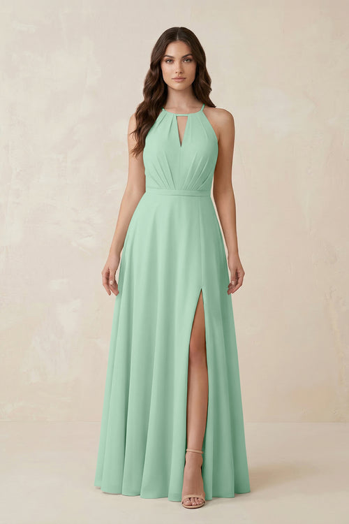 Halter A-Line Chiffon Bridesmaid Dress With Slit in Pale Pistachio | KISSBRIDAL