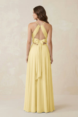 Halter A - Line Chiffon Bridesmaid Dress With Slit in Pastel Yellow - KISS BRIDAL Bridesmaid Dresses