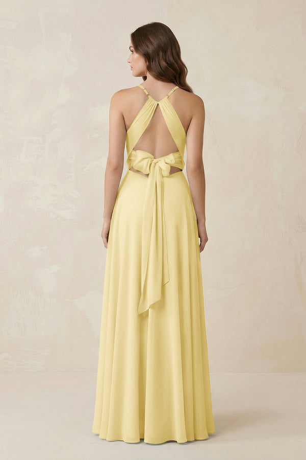 Halter A - Line Chiffon Bridesmaid Dress With Slit in Pastel Yellow - KISS BRIDAL Bridesmaid Dresses