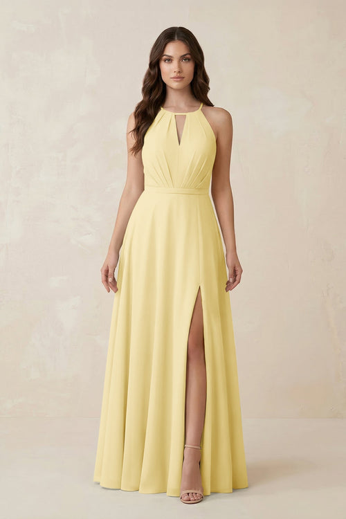 Halter A - Line Chiffon Bridesmaid Dress With Slit in Pastel Yellow - KISS BRIDAL Bridesmaid Dresses