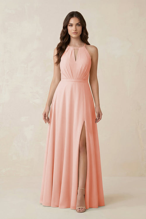 Halter A - Line Chiffon Bridesmaid Dress With Slit in Rose Petal - KISS BRIDAL Bridesmaid Dresses