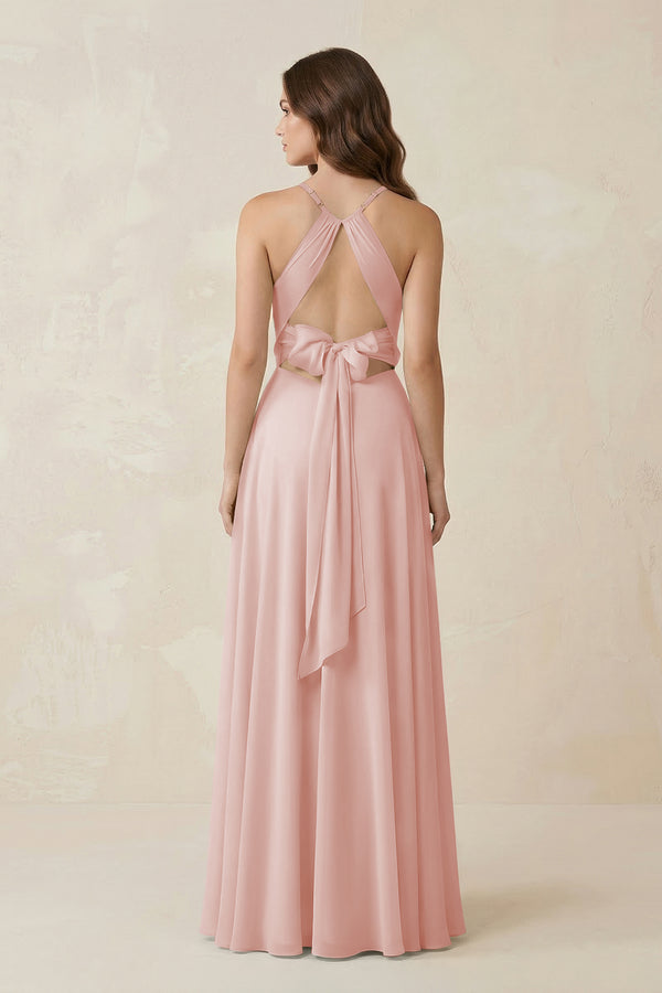 Halter A-Line Chiffon Bridesmaid Dress With Slit in Rose Petal (2) | KISSBRIDAL
