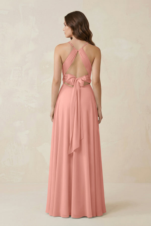 Halter A-Line Chiffon Bridesmaid Dress With Slit in Rosette (2) | KISSBRIDAL
