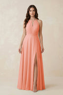 Halter A - Line Chiffon Bridesmaid Dress With Slit in Rosette - KISS BRIDAL Bridesmaid Dresses