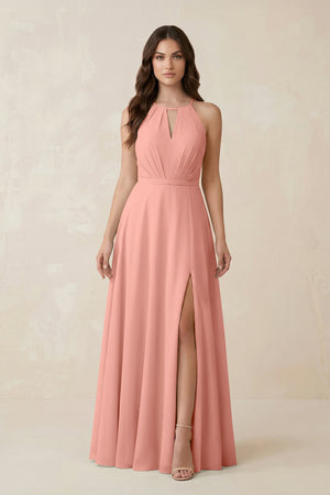 Halter A-Line Chiffon Bridesmaid Dress With Slit in Rosette | KISSBRIDAL