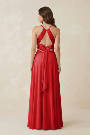 Halter A - Line Chiffon Bridesmaid Dress With Slit in Ruby Red - KISS BRIDAL Bridesmaid Dresses