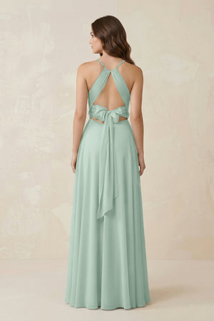 Halter A-Line Chiffon Bridesmaid Dress With Slit in Sage (2) | KISSBRIDAL