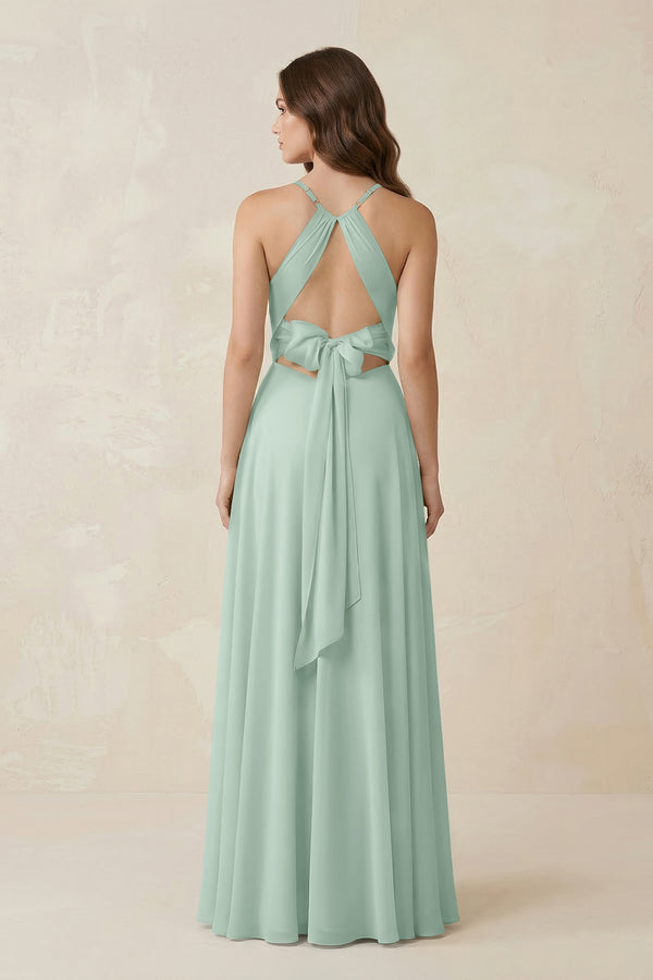 Halter A-Line Chiffon Bridesmaid Dress With Slit in Sage (2) | KISSBRIDAL