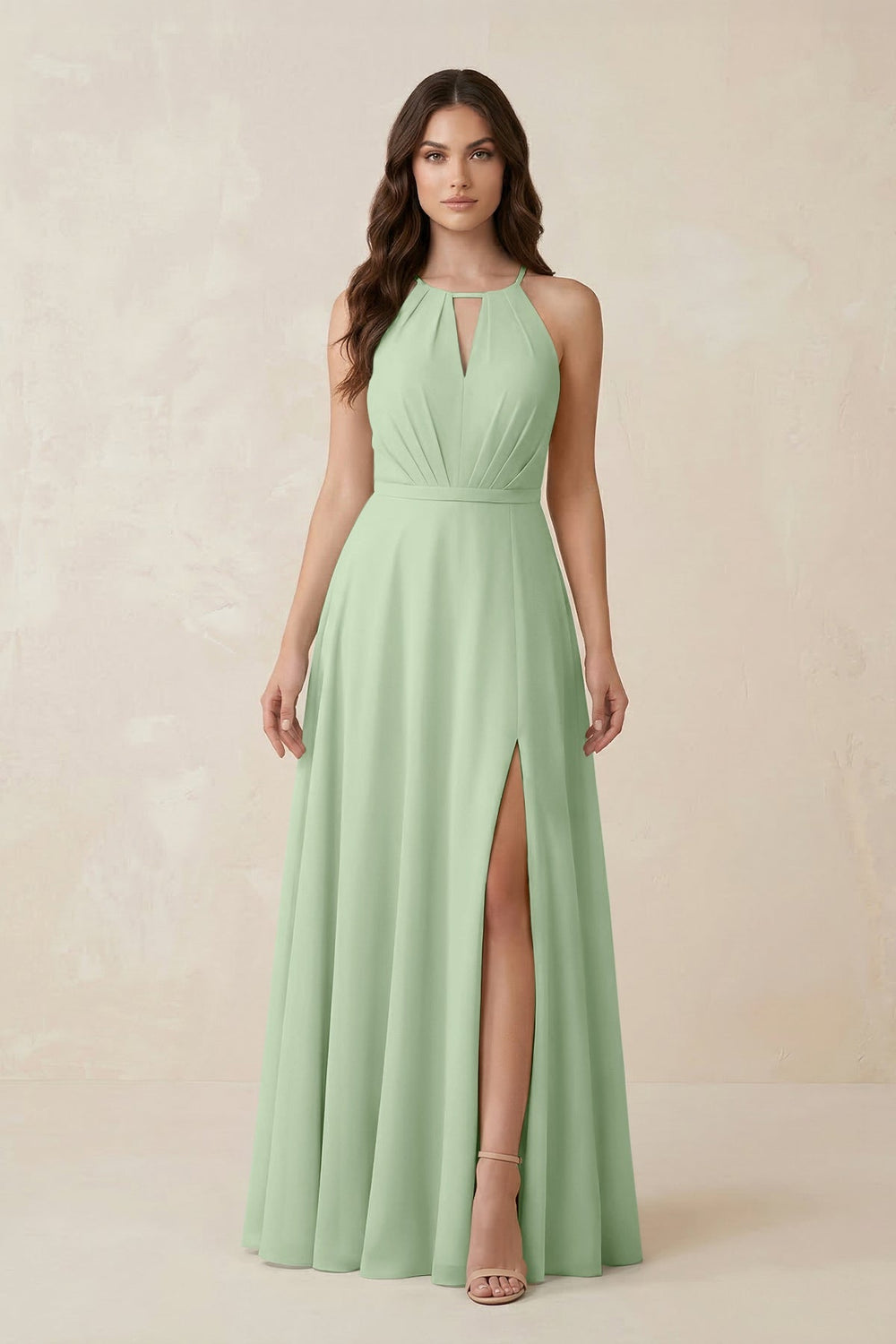 Halter A - Line Chiffon Bridesmaid Dress With Slit in Sage - KISS BRIDAL Bridesmaid Dresses