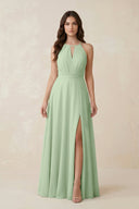 Halter A - Line Chiffon Bridesmaid Dress With Slit in Sage - KISS BRIDAL Bridesmaid Dresses