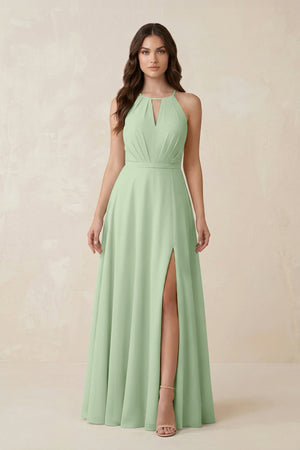 Halter A - Line Chiffon Bridesmaid Dress With Slit in Sage - KISS BRIDAL Bridesmaid Dresses