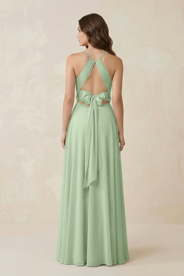 Halter A - Line Chiffon Bridesmaid Dress With Slit in Sage - KISS BRIDAL Bridesmaid Dresses