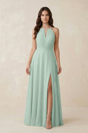 Halter A-Line Chiffon Bridesmaid Dress With Slit in Sage | KISSBRIDAL