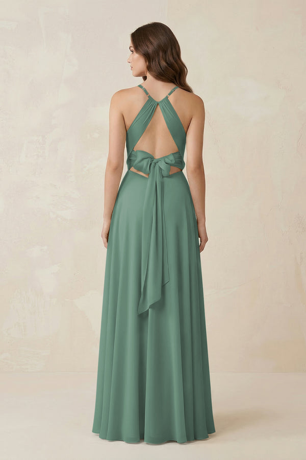 Halter A-Line Chiffon Bridesmaid Dress With Slit in Sea Glass (2) | KISSBRIDAL