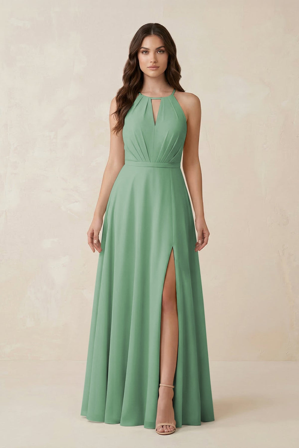 Halter A - Line Chiffon Bridesmaid Dress With Slit in Sea Glass - KISS BRIDAL Bridesmaid Dresses