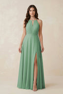 Halter A - Line Chiffon Bridesmaid Dress With Slit in Sea Glass - KISS BRIDAL Bridesmaid Dresses