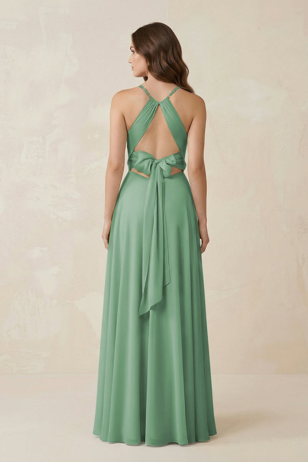 Halter A - Line Chiffon Bridesmaid Dress With Slit in Sea Glass - KISS BRIDAL Bridesmaid Dresses