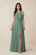 Halter A-Line Chiffon Bridesmaid Dress With Slit in Sea Glass | KISSBRIDAL