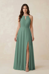Halter A-Line Chiffon Bridesmaid Dress With Slit in Sea Glass | KISSBRIDAL