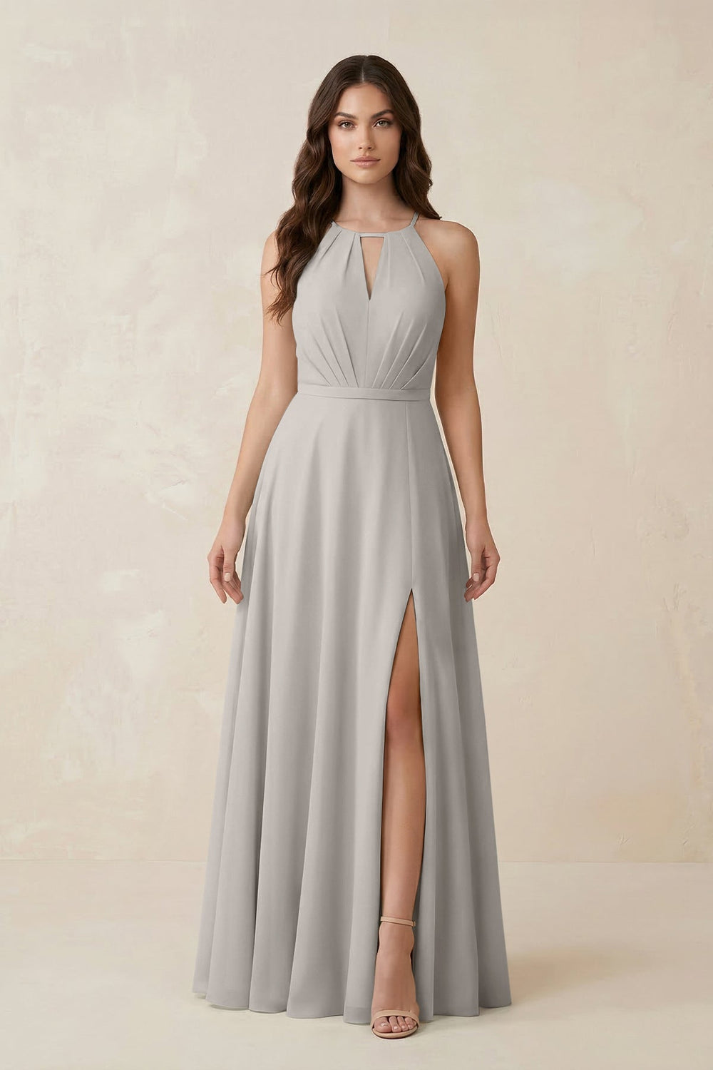 Halter A - Line Chiffon Bridesmaid Dress With Slit in Silver - KISS BRIDAL Bridesmaid Dresses