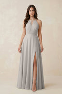 Halter A - Line Chiffon Bridesmaid Dress With Slit in Silver - KISS BRIDAL Bridesmaid Dresses
