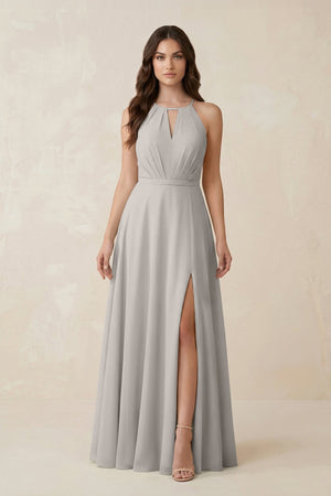 Halter A - Line Chiffon Bridesmaid Dress With Slit in Silver - KISS BRIDAL Bridesmaid Dresses