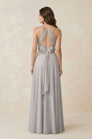 Halter A - Line Chiffon Bridesmaid Dress With Slit in Silver - KISS BRIDAL Bridesmaid Dresses