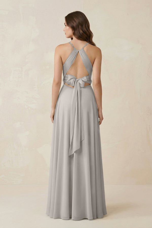 Halter A - Line Chiffon Bridesmaid Dress With Slit in Silver - KISS BRIDAL Bridesmaid Dresses