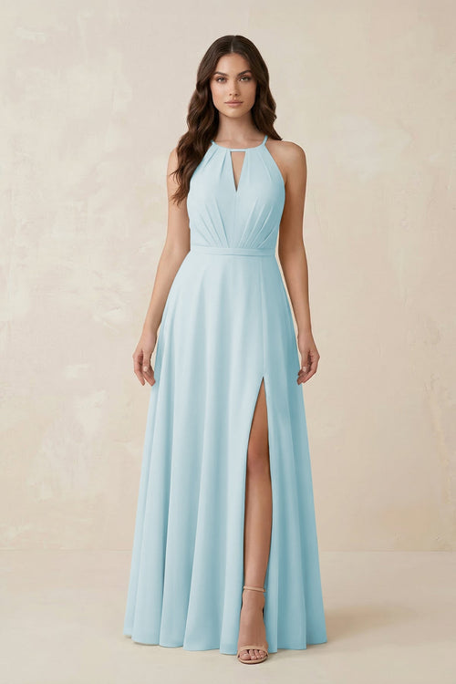Halter A - Line Chiffon Bridesmaid Dress With Slit in Sky Blue - KISS BRIDAL Bridesmaid Dresses