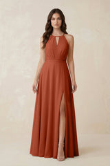 Halter A - Line Chiffon Bridesmaid Dress With Slit in Spice - KISS BRIDAL Bridesmaid Dresses