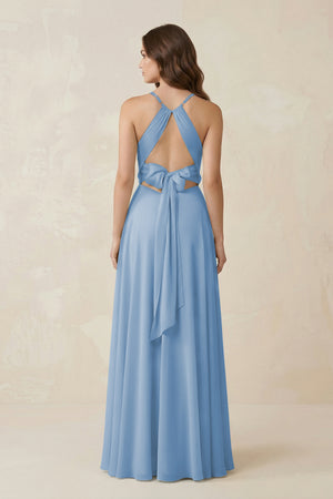 Halter A-Line Chiffon Bridesmaid Dress With Slit in Steel Blue (2) | KISSBRIDAL