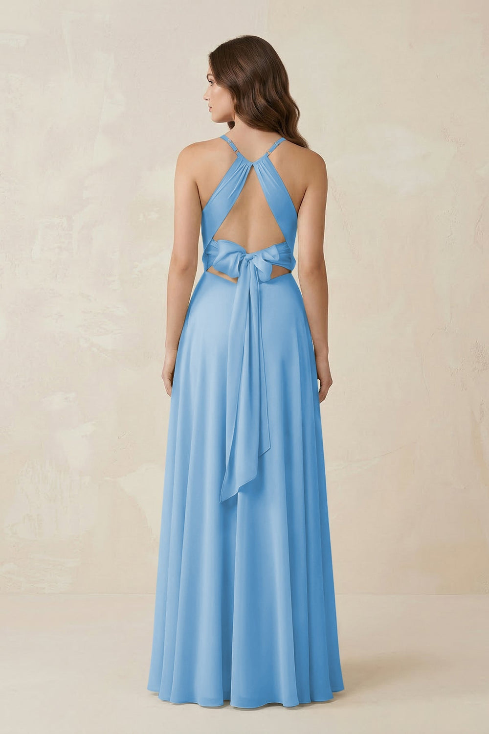 Halter A - Line Chiffon Bridesmaid Dress With Slit in Steel Blue - KISS BRIDAL Bridesmaid Dresses