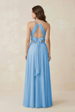Halter A - Line Chiffon Bridesmaid Dress With Slit in Steel Blue - KISS BRIDAL Bridesmaid Dresses