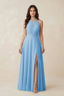 Halter A - Line Chiffon Bridesmaid Dress With Slit in Steel Blue - KISS BRIDAL Bridesmaid Dresses