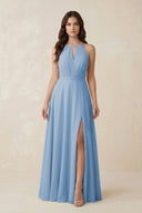 Halter A-Line Chiffon Bridesmaid Dress With Slit in Steel Blue | KISSBRIDAL