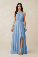 Halter A-Line Chiffon Bridesmaid Dress With Slit in Steel Blue | KISSBRIDAL